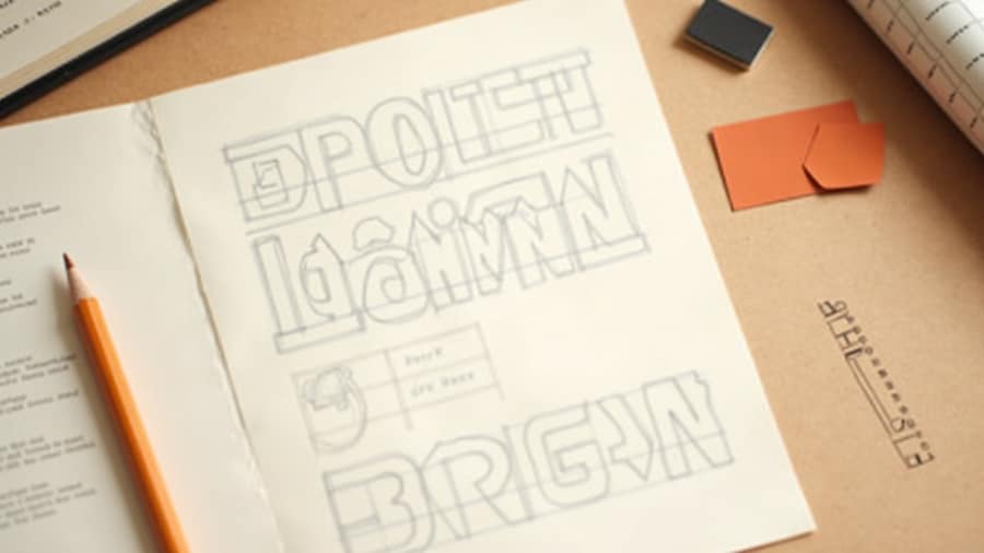 Typografie-Muster, Raster-Skizze und Farbmuster auf dem Tisch, die Entwurfsphase
