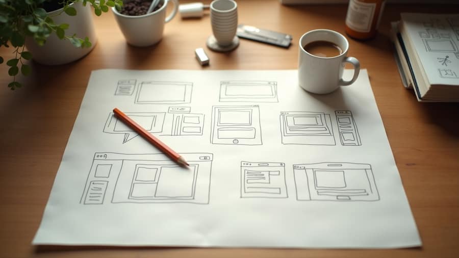 Arbeitsplatz mit handgezeichneten Website-Skizzen, Stift und Lineal