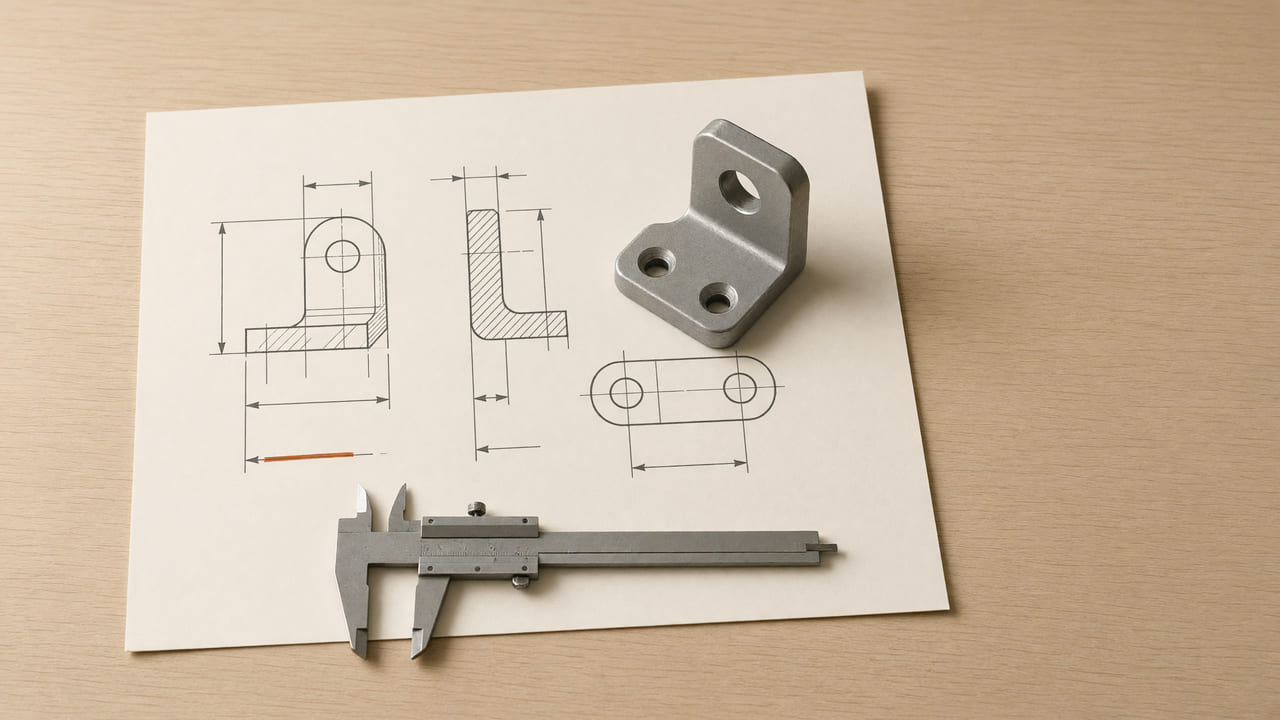Technische Zeichnung auf einem Holztisch, darauf ein gefrästes Metallteil und ein Messschieber
