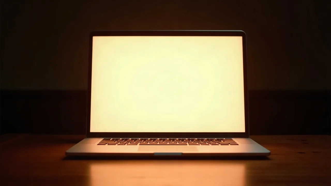Aufgeklappter Laptop mit leuchtendem Bildschirm auf einer Walnussplatte