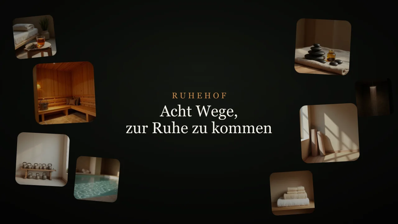 Acht Wellness-Bilder am Bildrand, in der Mitte ein Textblock